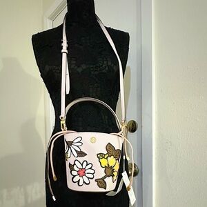 Tory Burch Robinson Appliqué Mini Leather Bucket Crossbody Bag Pink